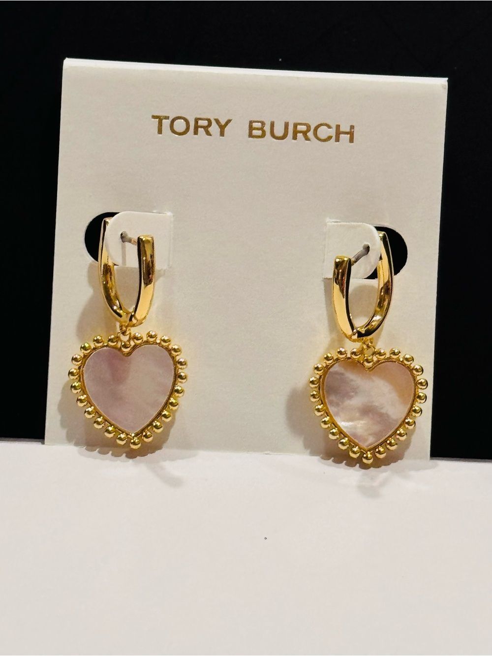 NWT Tory Burch Roxanne Mother of Pearl Heart Drop Huggie Earrings Gold